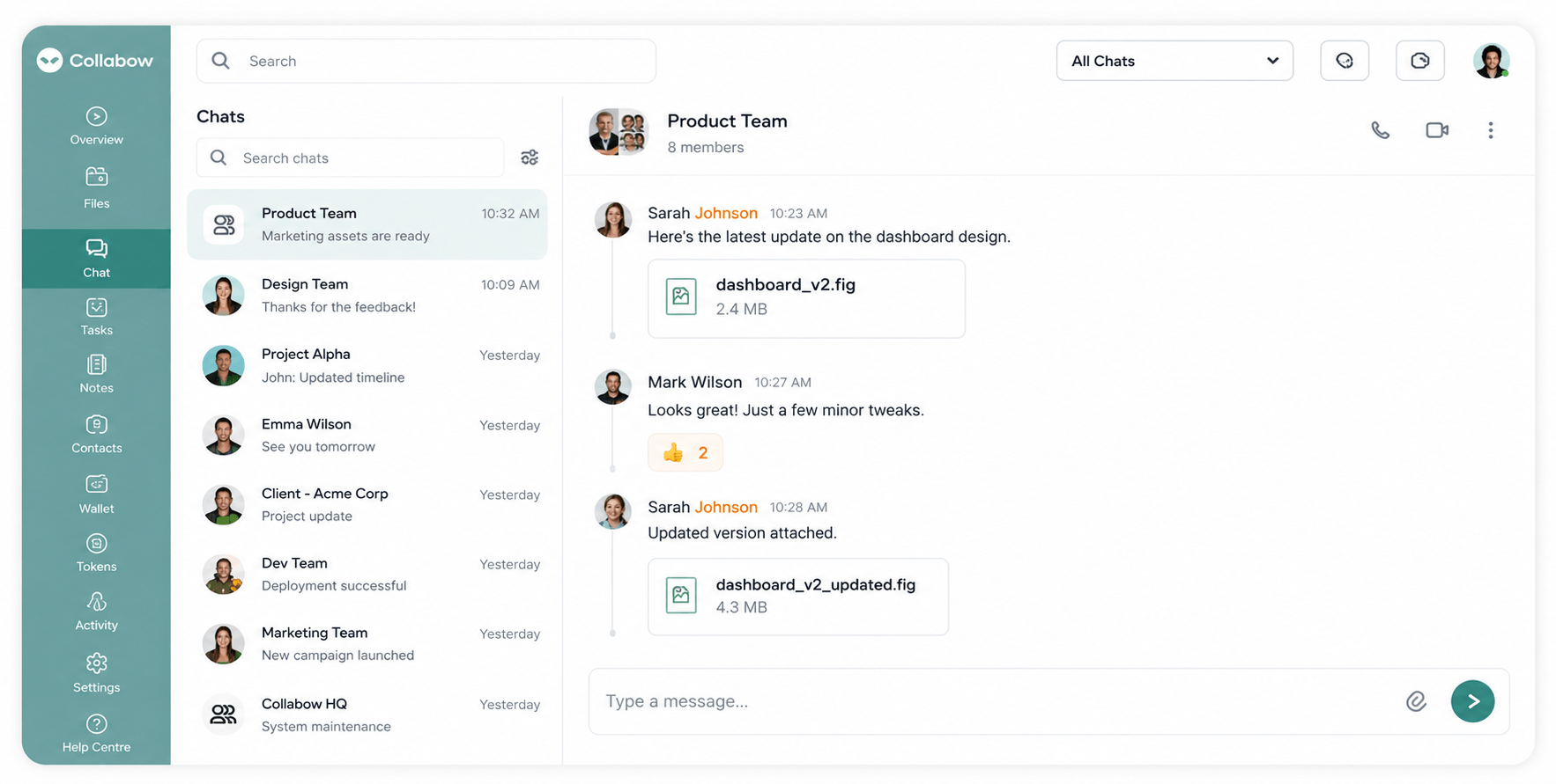Collabow team chat interface showing real-time messaging, file sharing, group conversations and collaboration tools.