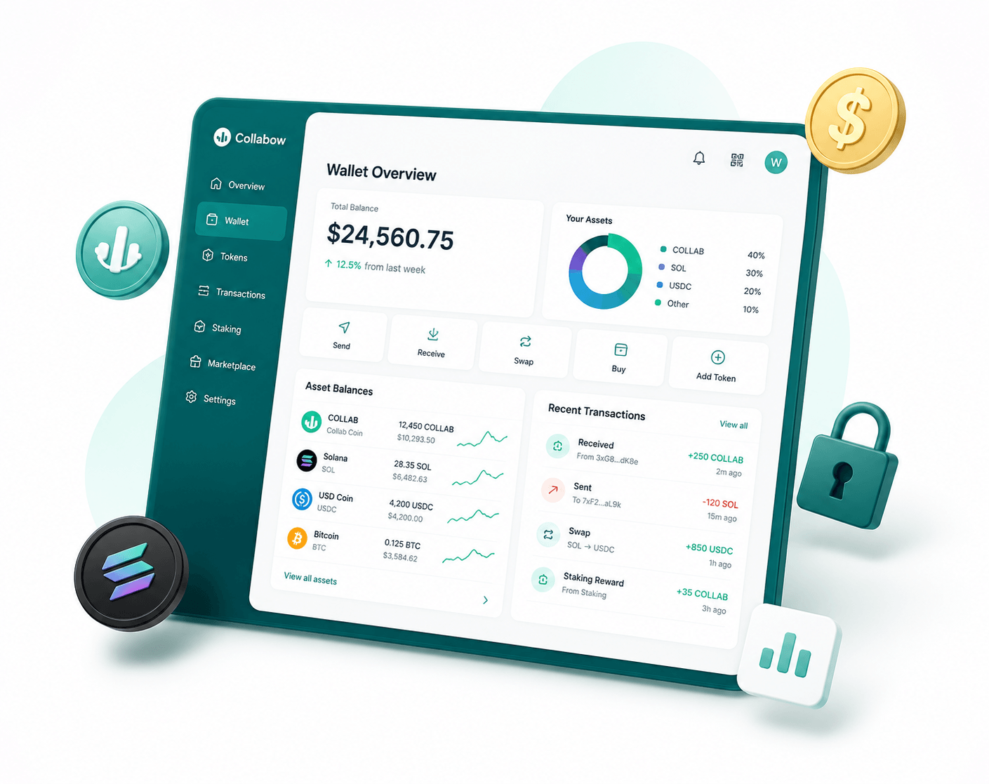 Collabow digital wallet interface displaying cryptocurrency balances, digital assets, token management, secure transactions and blockchain wallet features.