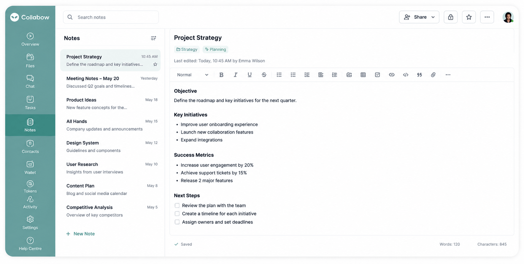 Collabow notes interface showing organised digital notes, rich text editing, categories, tags and collaborative note management.